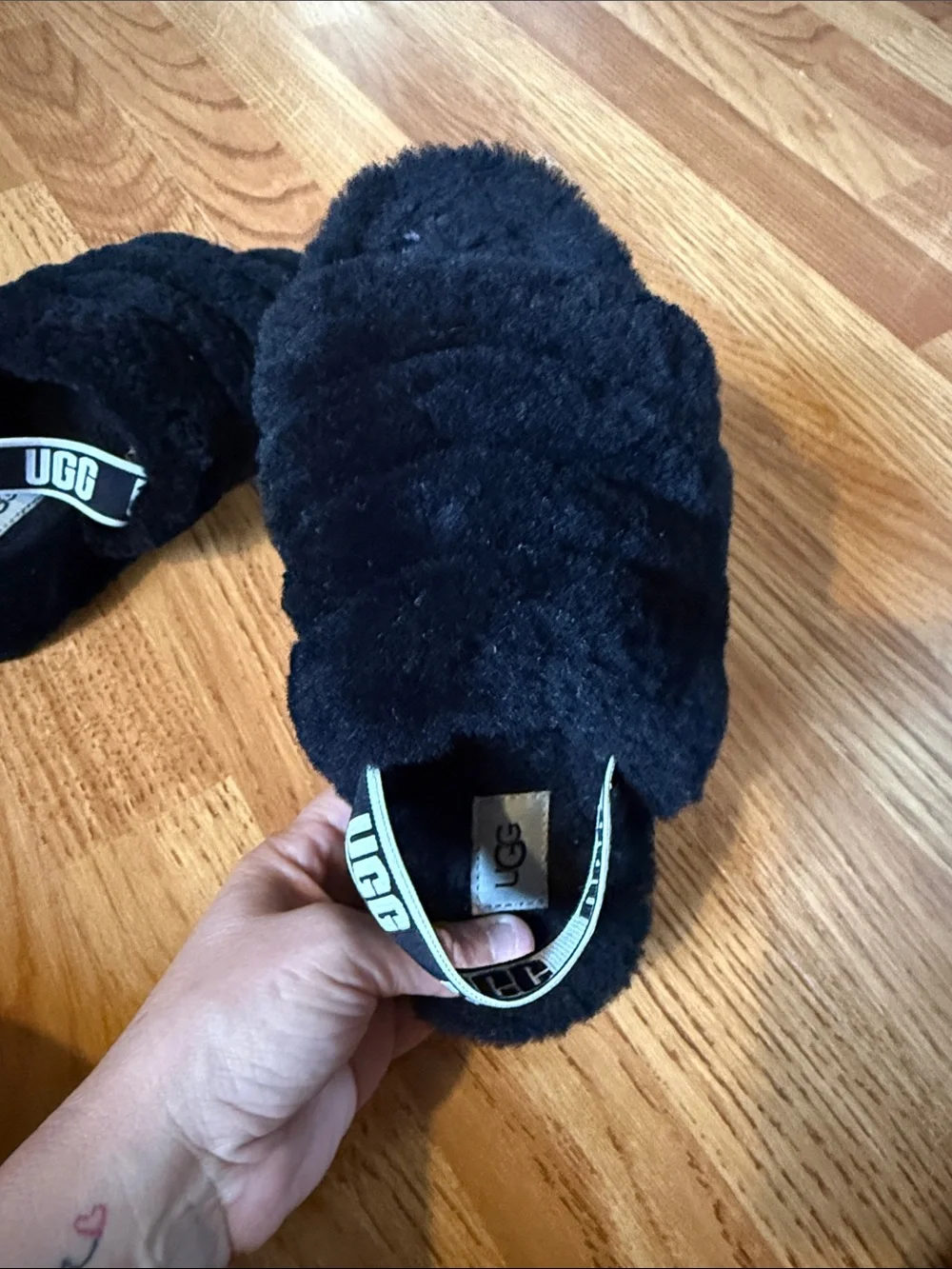 UGG Kids Black Fuzzy Slide Sandals with Branded Elastic Heel